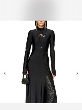 Diesel Black Long-Sleeve Maxi Dress with Keyhole and Textured Side Panel
